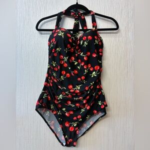 COCOSHIP Women's Halter Neck Retro Floral Swimsuit Ruching One Swimwear 3XL